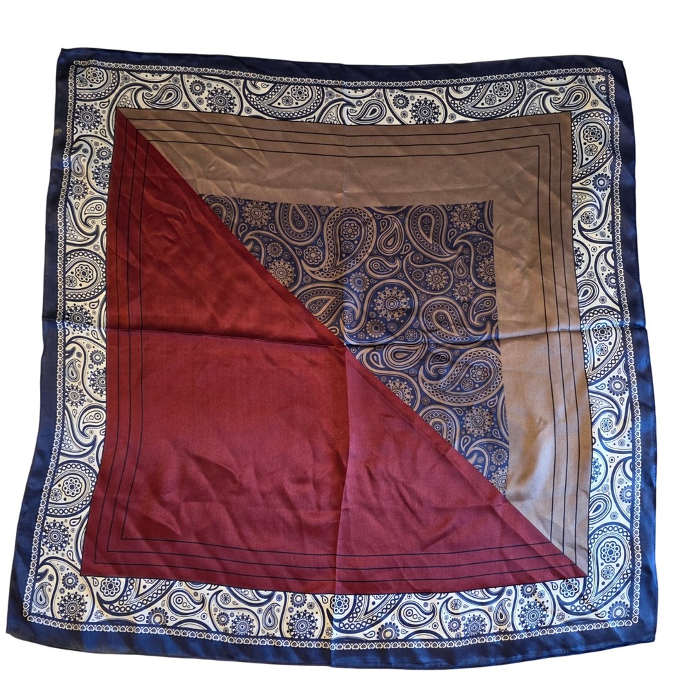 Vintage 100% Mulberry Silk Paisley Square Scarf Burgundy Navy Blue Taupe 25x25